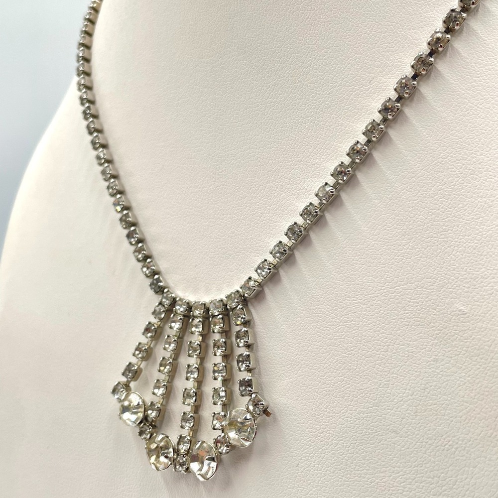 Vintage Mid-Century Silver Tone Rhinestone Waterfall Fringe Drop Choker Necklace